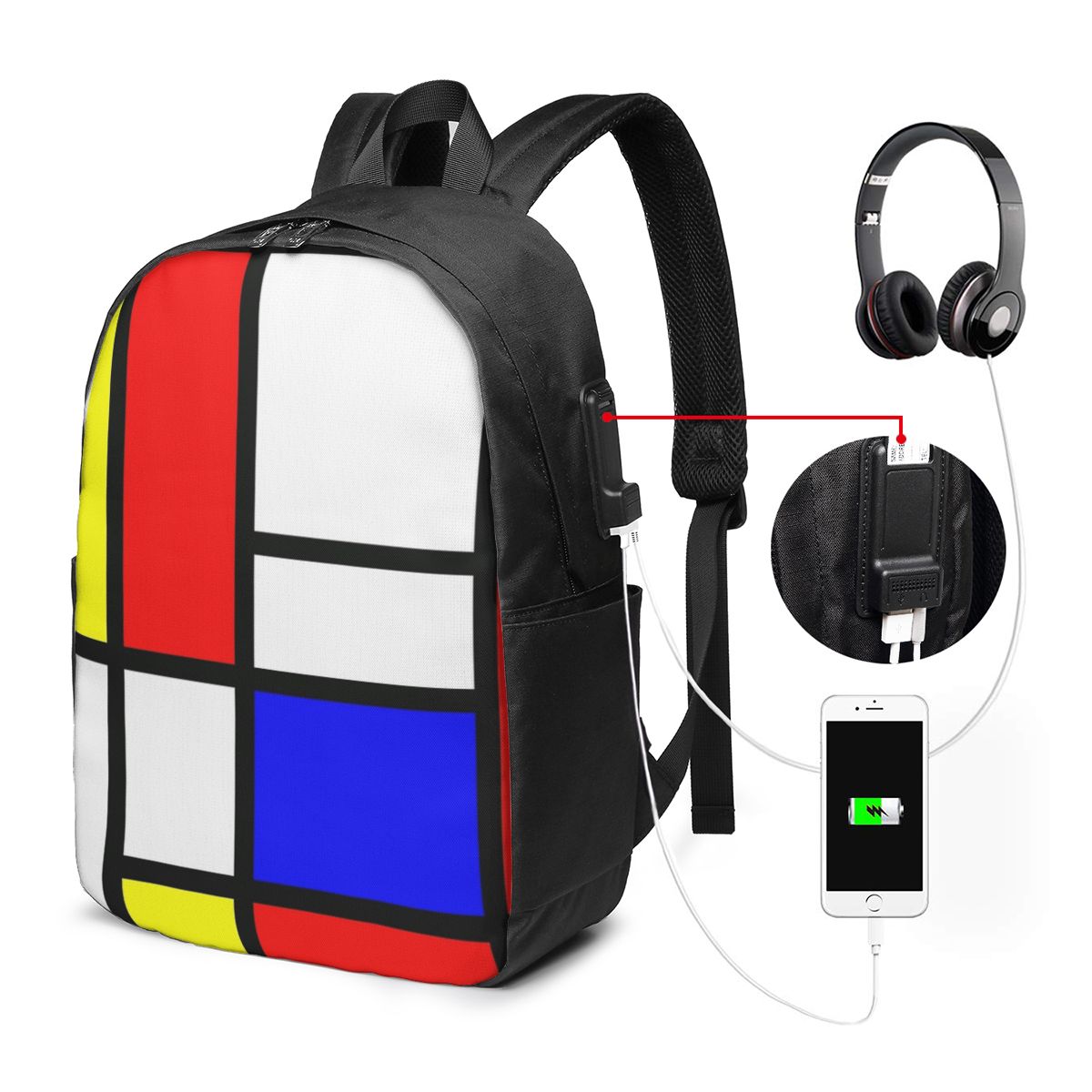 Travel Bags - พีเอ็ต มอนดริแอน คอมโพซิชั่นกระเป๋าเป้สะพายหลังกระเป๋าใส่โน๊ตบุ๊คสำหรับเดินทางคอมพิวเตอร์กระเป๋านักเรียนนักศึกษากระเป๋าสะพายแล็ปท็อปสำหรับผู้ชายผู้หญิง