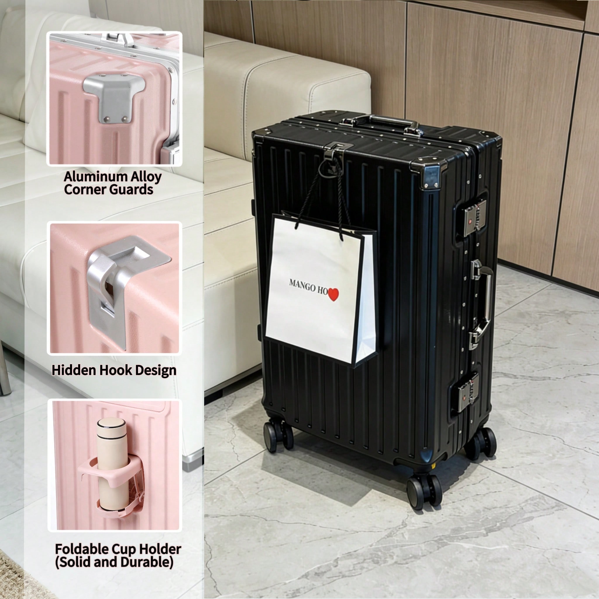 Aluminum Frame Carry On Luggage - กระเป๋าเดินทางขนาด 20 นิ้ว ได้รับการอนุมัติจากสายการบิน, กระเป๋าเดินทางเปลือกแข็ง PC